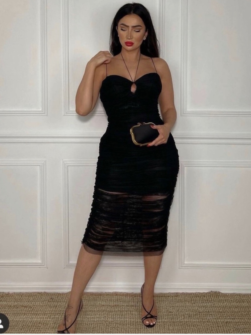NWT: Zara Black Sheer Ruched Midi Dress with Spaghetti Straps in Sz: L